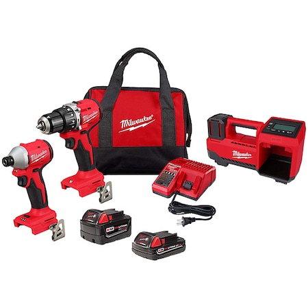 Milwaukee Tool M18 Compact Brushless 2-Tool Combo Kit + M18 18V Cordless Tire Inflator 3693-22CX, 2848-20