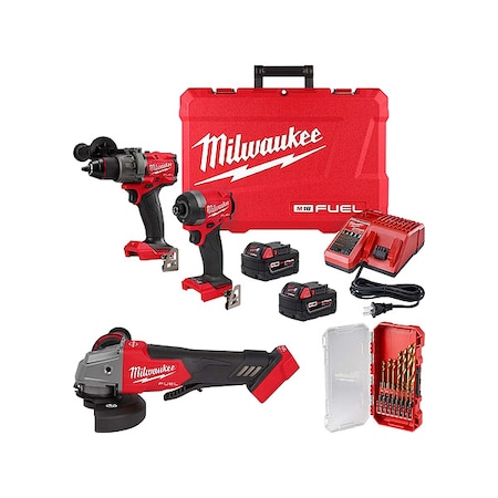 Milwaukee Tool M18 FUEL 2-Tool Kit + 4-1/2" / 5" Braking Grinder Paddle Switch + SHOCKWAVE RED HELIX Drill Bit Set 3697-22, 2880-20, 48-89-4670