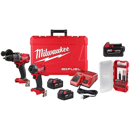 Milwaukee Tool SHOCKWAVE Impact Duty Driver Bit Set -18PC + M18 FUEL 2-Tool Combo Kit + M18 XC5.0 Battery 3697-22, 48-11-1850, 48-32-4403