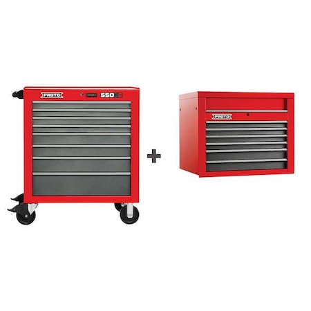 Proto 550S Series Rolling Cabinet, 13 Drawer, Red/Gray, Steel, 34 in W x 25-1/4 in D x 68 in H J553441-8SG/J553427-6SG