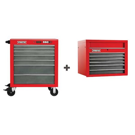 Proto 550S Series Tool Cabinet, 13 Drawer, Red/Gray, Steel, 34 in W x 25-1/4 in D x 68 in H J553441-7SG/J553427-6SG