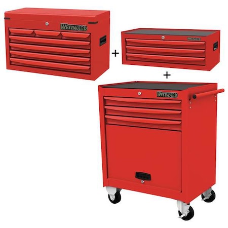 Westward WESTWARD Rolling Cabinet Kit, 13-Drawers, Powder Coated Red, 29" W x 18" D x 59.5" H 361LM7