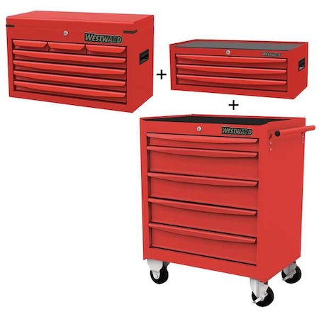 Westward WESTWARD Rolling Cabinet Kit, 15-Drawers Total, Powder Coated Red, 29" W x 18" D x 59.5" H 361LM8