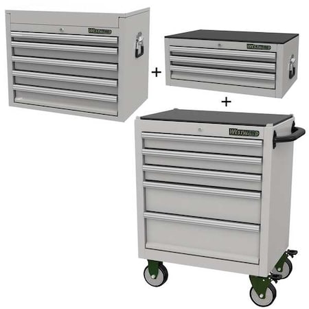 Westward WESTWARD Rolling Cabinet Kit, Intermediate & Top Chest, 13-Drawers Total, Stainless Steel 361LM9