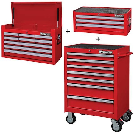 Westward WESTWARD Rolling Cabinet Kit, Intermediate & Top Chest, 19-Drawers Total, Powder Coated Red 361LN1