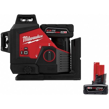 Milwaukee Tool M12 Green 360-Degree 3-Plane Laser Kit + M12 XC 4.0 Battery Pack 3632-21, 48-11-2440