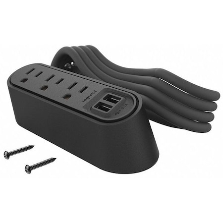 Legrand Outlet Strip, USB, 3 NEMA 5-15P, 5-15P, 6 ft., Black WSPC320BK