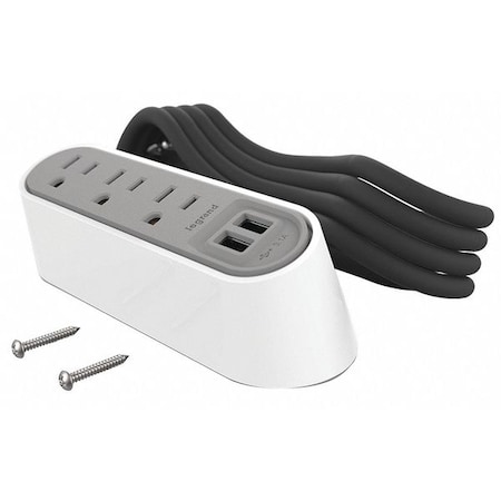 Legrand Outlet Strip, USB, 3 NEMA 5-15P, 5-15P, 6 ft., Gray/White WSPC320WH