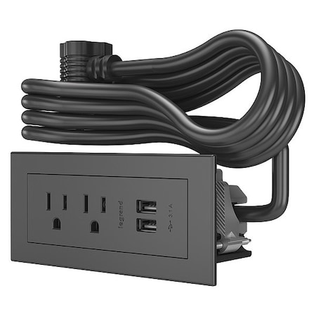 Legrand Outlet Strip, USB, 2 NEMA 5-15P, 5-15P, 6 ft., Black RDZBK