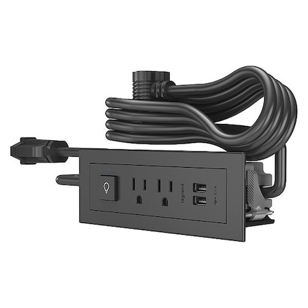 Legrand Outlet Strip, USB, 2 NEMA 5-15P, 5-15P, 6 ft., Black RDSZBK