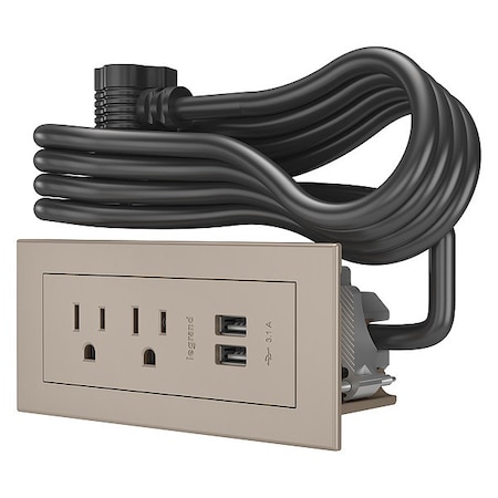 Legrand Outlet Strip, USB, 2 NEMA 5-15P, 5-15P, 6 ft., Nickel RDZNI