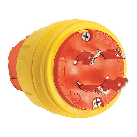 Zoro Select Locking Plug, L14-30P, 30 A, 125V AC, Single Phase, 3 Pole, Screw Terminals, Yellow 28W74AM