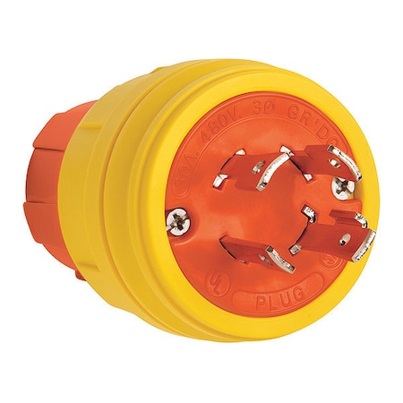 Zoro Select Locking Plug, L16-30P, 30 A, 480V AC, Three Phase, 3 Pole, Screw Terminals, Yellow 28W76AM