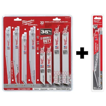 Milwaukee Tool SAWZALL Demo and THIN KERF Blade Set 32 PC + 9" 6 TPI THE WRECKER w/ Carbide Teeth SAWZALL Blade 1PK 49-22-1132, 48-00-5242