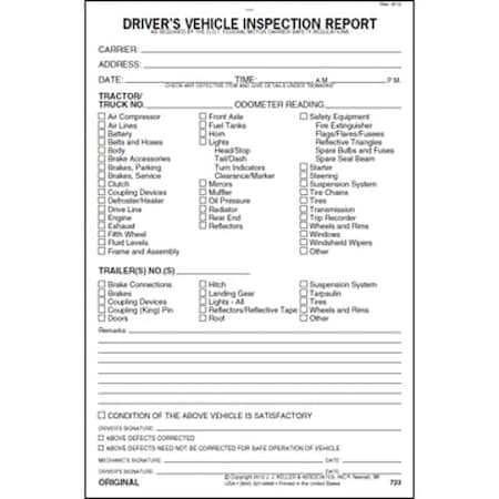 JJ KELLER Vehicle Inspection Form, 3 Ply, W/Carbon 723