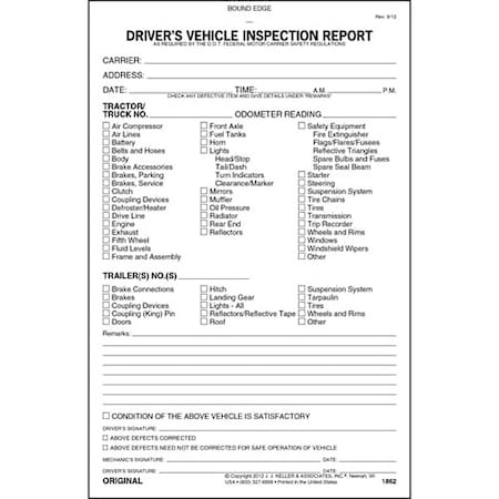 Jj Keller Vehicle Inspection Form, 3 Ply, Carbonless 1862