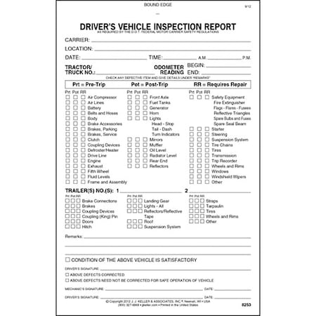 Jj Keller Vehicle Inspection Form, 2 Ply, Carbonless 8253