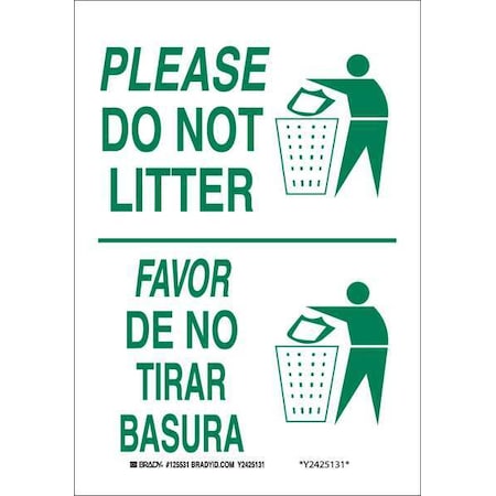 Brady Please Do Not Litter/Favor De No Tirar Basura, 7" W x 10" H, Rectangle, Plastic, 125530 125530
