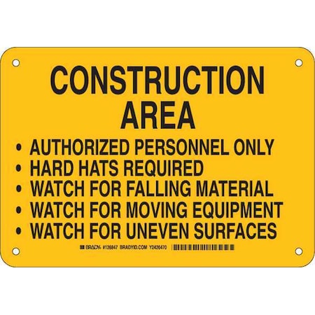 Brady Construction Site Sign, 7 in Height, 10 in Width, Plastic, Rectangle, English 126847