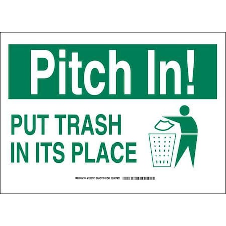 Brady Pitch In, Pitch In Put Trash In Its Place, 14" W x 10" H, Rectangle, Polyester, 128297 128297