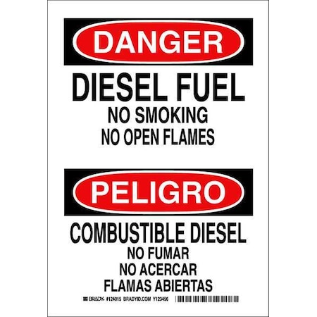 Brady Danger No Smoking Sign, 10" H, 7 in W, Polyester, Rectangle, English, Spanish, 124015 124015