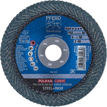 Pferd 6" x 7/8" A.H. POLIFAN Flap Disc - Z SGP CURVE STEELOX, Zirconia, 40 Grit, Medium Radius 67200