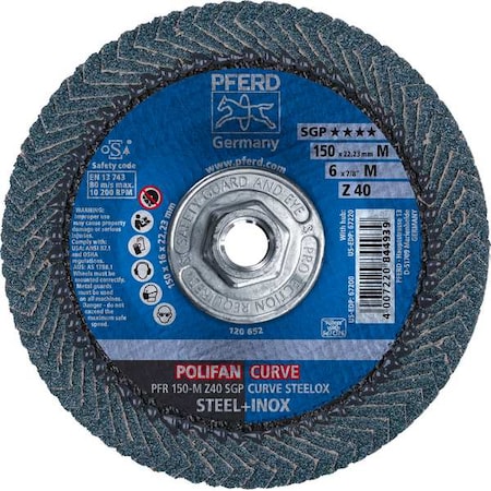 Pferd 6" x 5/8-11 Thd. POLIFAN Flap Disc - Z SGP CURVE STEELOX, Zirconia, 40 Grit, Medium Radius 67220