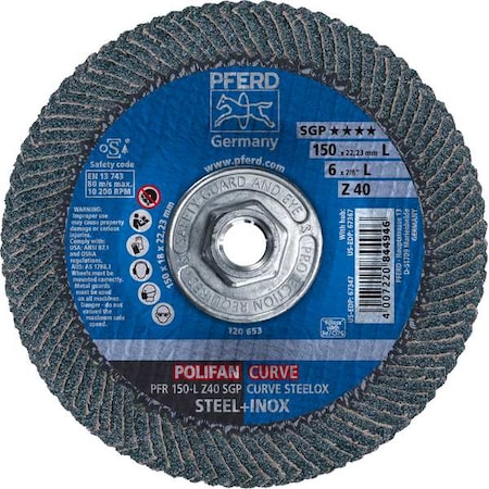 Pferd 6" x 5/8-11 Thd. POLIFAN Flap Disc - Z SGP CURVE STEELOX, Zirconia, 40 Grit, Large Radius 67367