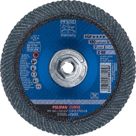 Pferd 7" x 5/8-11 Thd. POLIFAN Flap Disc - Z SGP CURVE STEELOX, Zirconia, 40 Grit, Large Radius 67371