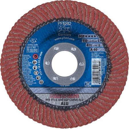 Pferd 4-1/2" x 7/8" A.H. POLIFAN Flap Disc - A SGP CURVE STEELOX, Aluminum oxide, 40 Grit, Large Radius 67646