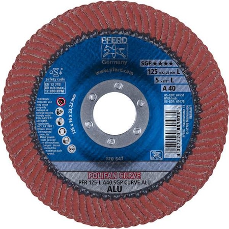 Pferd 5" x 7/8" A.H. POLIFAN Flap Disc - A SGP CURVE STEELOX, Aluminum oxide, 40 Grit, Large Radius 67651