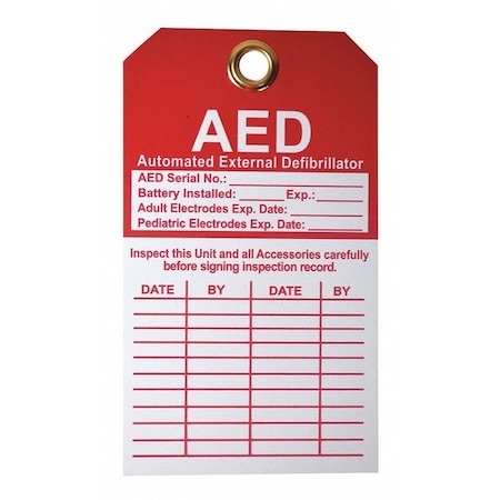 Zoro Select Tag, AED, Cardstock, 5 in H x 4 in W, White, Rectangle 38N693