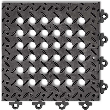 Notrax Interlocking Drainage Mat Tile, 12 in L x 12 in W, 1 in Thickness, PVC, Diamond, Black 620STL12BL