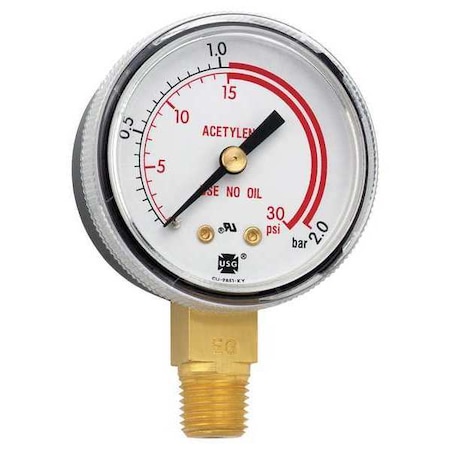 Miller Electric Welding Regulator Pressure Gauge, 0 to 30 psi, 2 in Dial, 1/4 in NPT, Bottom Location GA134-03