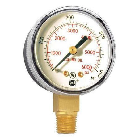 Miller Electric Welding Regulator Pressure Gauge, 0 to 6,000 psi, 2 in Dial, 1/4 in NPT, Bottom Location GA145-03
