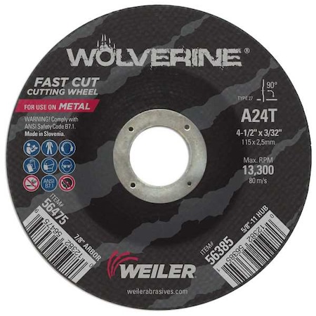 Weiler Abrasive Cut-Off Wheel, Type 27, 4-1/2 in Dia, 3/32 in Thick, Aluminum Oxide, 24 Grit 56475