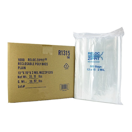 RELOC ZIPPIT Reclosable Poly Bag 2-MIL, 13"x 15", Clear R1315