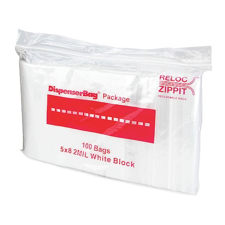Reloc Zippit Reclosable Bag, Zip Seal, 8 in L, 5 in W, 2 mil Thick, Polyethylene, Clear WR58