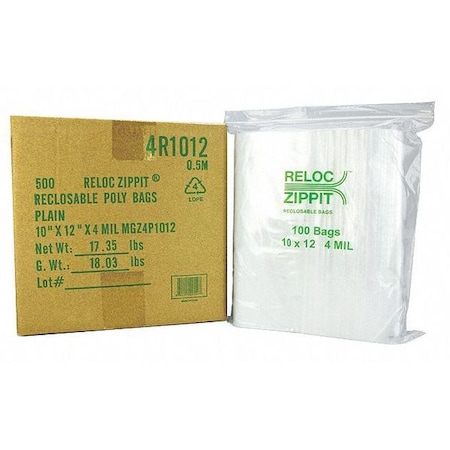 Reloc Zippit Reclosable Bag, Zip Seal, 12 in L, 10 in W, 4 mil Thick, Polyethylene, Clear 4R1012