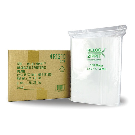 Reloc Zippit Reclosable Bag, Zip Seal, 15 in L, 12 in W, 4 mil Thick, Polyethylene, Clear 4R1215