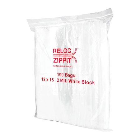 Reloc Zippit Reclosable Bag, Zip Seal, 15 in L, 12 in W, 2 mil Thick, Polyethylene, Clear WR1215
