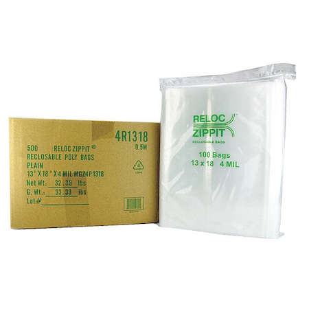 Reloc Zippit Reclosable Bag, Zip Seal, 18 in L, 13 in W, 4 mil Thick, Polyethylene, Clear 4R1318