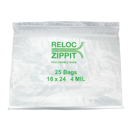 Reloc Zippit Reclosable Bag, Zip Seal, 24 in L, 18 in W, 4 mil Thick, Polyethylene, Clear 4R1824
