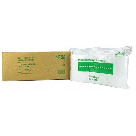 Reloc Zippit Reclosable Bag, Zip Seal, 8 in L, 5 in W, 4 mil Thick, Polyethylene, Clear 4R58