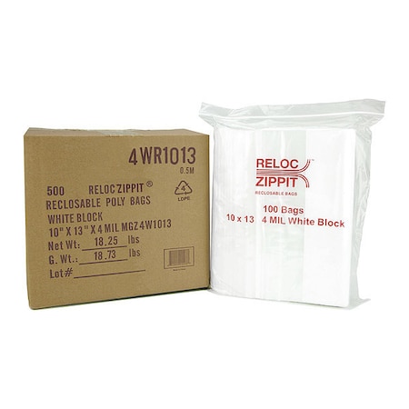 Reloc Zippit Reclosable Bag, Zip Seal, 13 in L, 10 in W, 4 mil Thick, Polyethylene, Clear 4WR1013