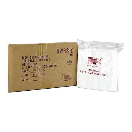 Reloc Zippit Reclosable Bag, Zip Seal, 10 in L, 8 in W, 4 mil Thick, Polyethylene, Clear 4WR810