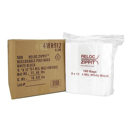 Reloc Zippit Reclosable Bag, Zip Seal, 12 in L, 9 in W, 4 mil Thick, Polyethylene, Clear 4WR912