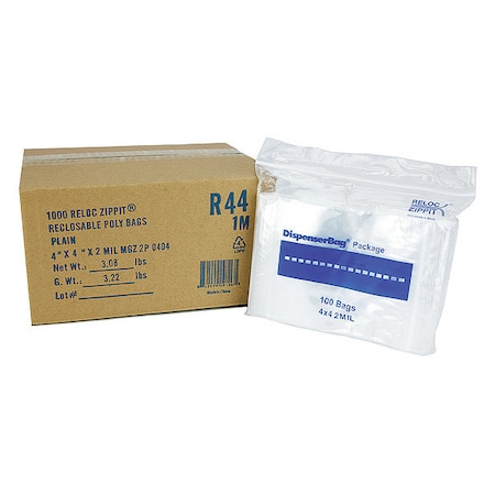 Reloc Zippit Reclosable Bag, Zip Seal, 4 in L, 4 in W, 2 mil Thick, Polyethylene, Clear R44