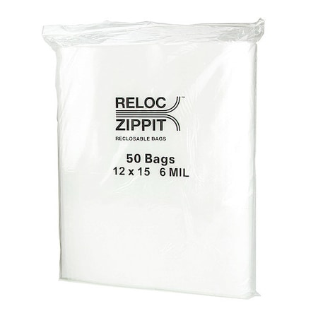 Reloc Zippit Reclosable Bag, Zip Seal, 15 in L, 12 in W, 6 mil Thick, Polyethylene, Clear 6R1215