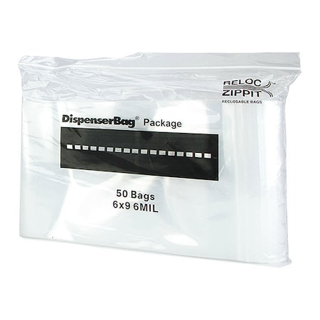 Reloc Zippit Reclosable Bag, Zip Seal, 9 in L, 6 in W, 6 mil Thick, Polyethylene, Clear 6R69